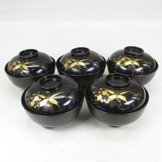A839: Japanese Old Lacquer Ware 5 Covered Bowls With Good Makie Of Shochikubai