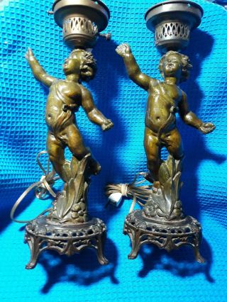Art Deco Cupid Lamps Pair,  Antique Bronze,  Brass.  Victorian.