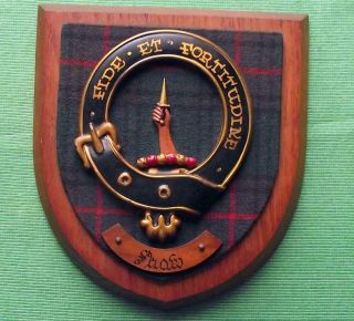 Vintage Old Scottish Carved Oak Clan Shaw Tartan Plaque Crest Shield Y