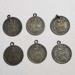 6 Antique 1880s Dime Silver Usa Seated Liberty Collectible Coin Charm Pendant