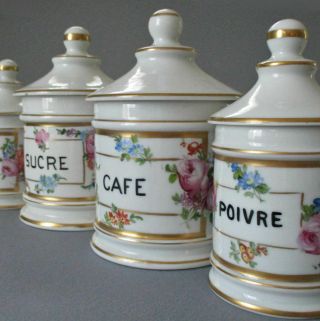 Set 4 Antique Hp French Limoges Porcelain Canisters Flowers Roses W Gilt Trim