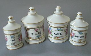Set 4 Antique HP French LIMOGES Porcelain CANISTERS Flowers ROSES w Gilt Trim 2