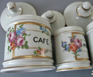 Set 4 Antique HP French LIMOGES Porcelain CANISTERS Flowers ROSES w Gilt Trim 3