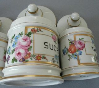 Set 4 Antique HP French LIMOGES Porcelain CANISTERS Flowers ROSES w Gilt Trim 5