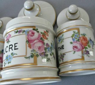 Set 4 Antique HP French LIMOGES Porcelain CANISTERS Flowers ROSES w Gilt Trim 6
