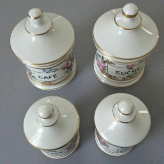 Set 4 Antique HP French LIMOGES Porcelain CANISTERS Flowers ROSES w Gilt Trim 8