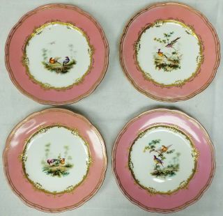 Antique Set Of Old Pairs Porcelain Landscape Plates Pink Ground Birds