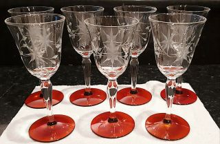 Set Of Antique Vintage Starburst Etched Glass Cordials Ruby Red Clear