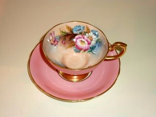 Antique Aynsley Tea Cup & Saucer Large Flowers Pink Roses Gold Gilt