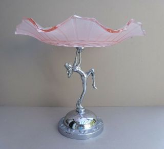 Vintage Art Deco Chrome Naked Lady Cake Stand With Pink Glass Plate