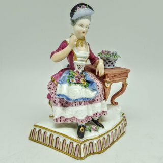 Antique 19th Century Dresden Meissen Seated Lady With Flowers Figure