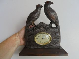 Old Antique Black Forest Carved Wood Shelf Mantle Clock W Birds