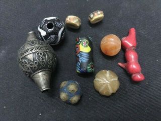 Rare Ancient Phoenician Glass Bead Group Agate Coral Carnelian Engrave Wood V4