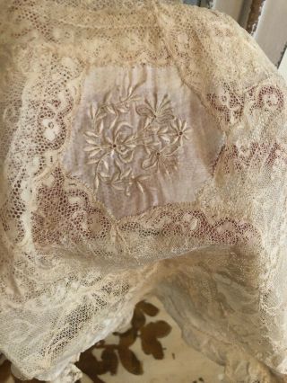 Antique French Tambour Net Lace Boudoir Pillow Cover Embroidery Cut Work 2