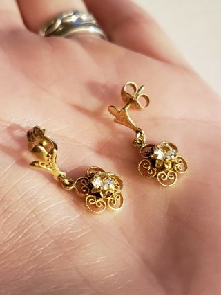 Antique Victorian Art Deco 14k Yellow Gold Filigree Flower Dangle Earrings