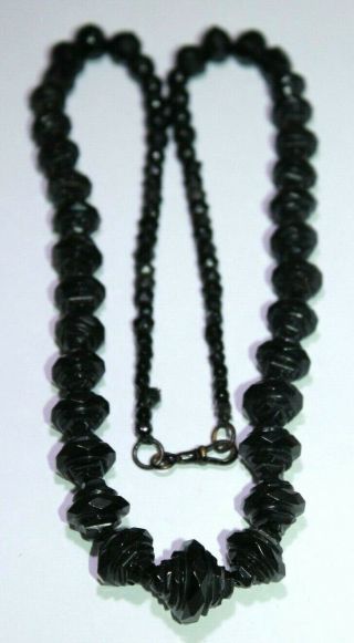 Stunning Antique Victorian Carved Bead Whitby Jet Necklace 64 Cm