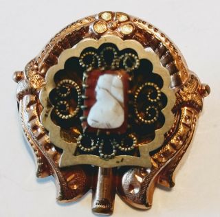 Antique Victorian Carved Hardstone Coral Cameo Shell Brooch Pin