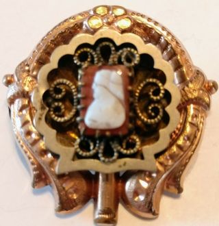 Antique Victorian Carved Hardstone Coral Cameo Shell Brooch Pin 2