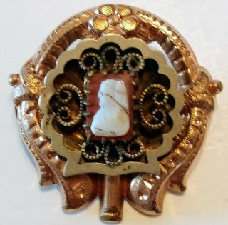 Antique Victorian Carved Hardstone Coral Cameo Shell Brooch Pin 4