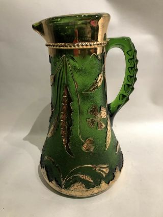 Antique Eapg Delaware Green Textured Glass Drink Pitcher Raised Floral In Gold