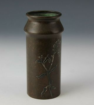 Antique Heintz Arts & Crafts Floral Branch Sterling Silver On Bronze 6 " Vase Rlc