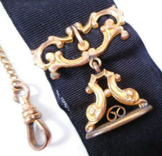 Antique Victorian Gold Filled Watch Fob W/ Pendant Chain On Black Ribbon