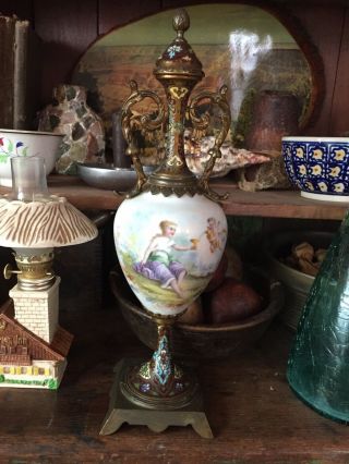 Antique Painted Brass/bronze French? Porcelain Portrait Urn Mantel Vase