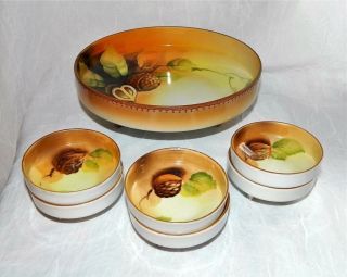 Nippon Nut Bowls Set Antique 7 - Piece Footed Morimura Hand Painted Porcelain