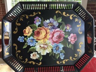 Large Vintage Black Floral Hand Painted Tole Metal Tray