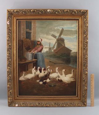 19thc Antique Dutch Farm Maiden Girl W/ Geese & Windmills Genre Oil Painting,  Nr