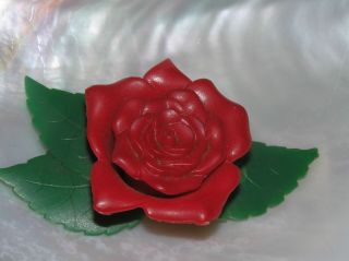 Antique Chicago Signed Large Raised Red Rose Flower W Green Leaves Plastic Pin