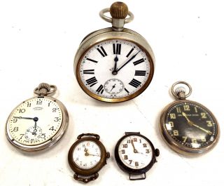 5 Antique/ Vintage Assorted Branding Pocket Watches And Watch Faces - B84