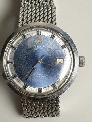 Vintage Tissot Seastar Automatic Wristwatch Watch & Date Silver Strap Blue Face