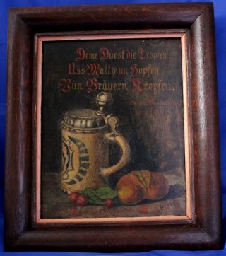 Antique German Painting Oil/cardboard Beer Stein And Quote Sign.  Dat.  1897