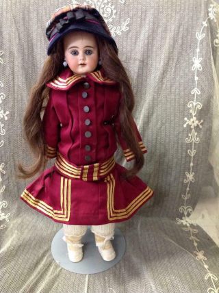 16 In Antique French / German Doll No 4.  Red Dress Open Mouth Kid Body