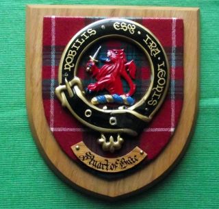 Vintage Old Scottish Carved Oak Clan Stuart Tartan Plaque Crest Shield B