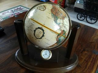 Vintage Replogle World Globe With Clock On Desk Stand.