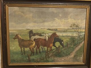 Antique 1800’s Signed Oil Painting Of Horses