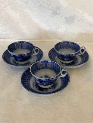 3 Flow Blue Miniature Child’s Cups And Saucers “chinese Sports” Pattern
