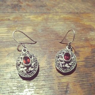 Antique Edwardian Art Deco Red Gemstone Marcasite Earrings Sterling Signed