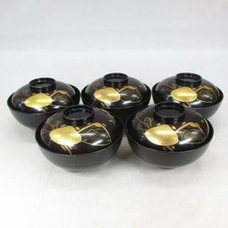 A840: Japanese Old Lacquer Ware 5 Covered Bowls With Good Makie Of Shellfish