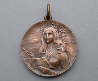 Swiss,  Antique Medal.  Lugano 1904 Woman Female,  Music.  Art Nouveau.  By Huguenin.