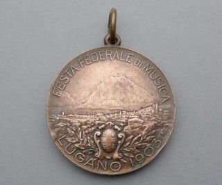 Swiss,  Antique Medal.  Lugano 1904 Woman Female,  Music.  Art Nouveau.  By Huguenin. 2