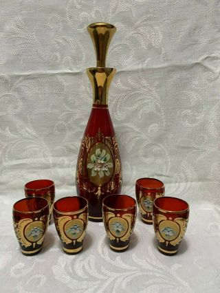 Antique Moser Bohemian Czech Art Glass Cranberry Decanter 6 Cordials/tumblers