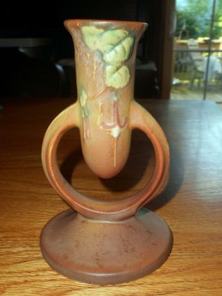 Antique Roseville Art Pottery Brown Fuschia Handled Single Candleholder 1133 - 5 "