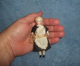Antique German Bisque & Cloth Doll 4 " Dollhouse Doll House Maid Doll