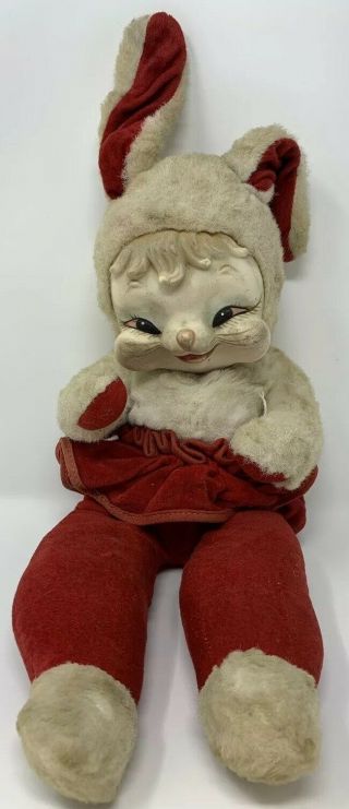 Vintage 19” Rushton Star Creations Rubber Face Plush Red White Bunny Rabbit Tlc
