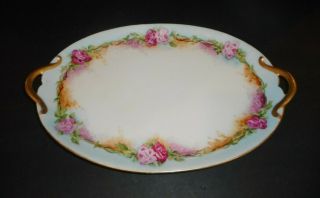 Antique Limoges Gda Oval 14 1/2 " Tray Handles Hand Painted Roses Gold Fine