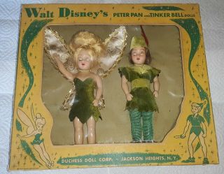 Vintage Walt Disney Peter Pan And Tinker Bell Doll Set Sleepy Eye Old Stock