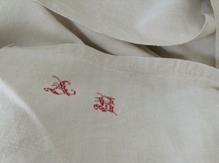 Antique French Linen Sheet Cross Stitch Mongram Ab Heavy Old 1900 77 " X 107 "